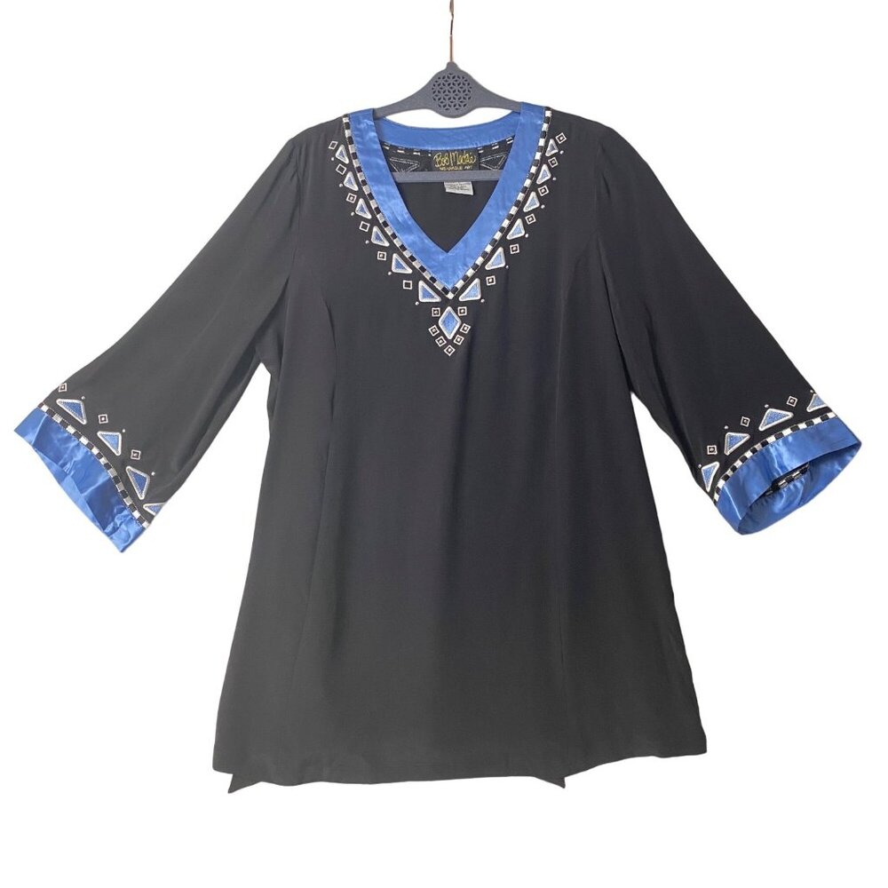 Bob Mackie Wearable Art Black Blue Silk Embroidered Blouse Top Women Medium